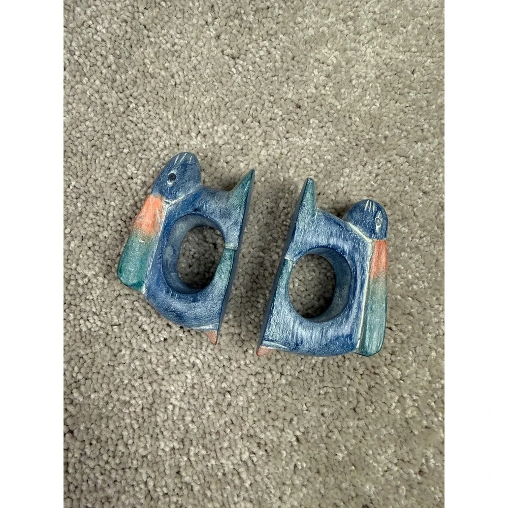 Vintage Hand Carved Rabbit Napkin Rings Set of 2 Blue Teal Coral Bunny
